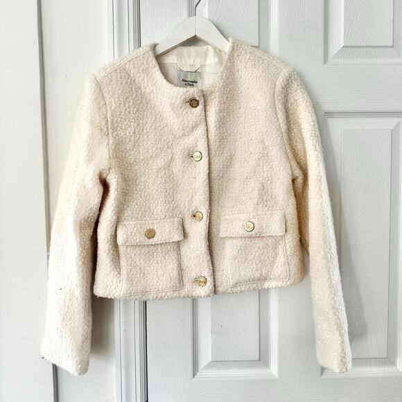 Abercrombie & Fitch Boucle Cropped Blazer Jacket Medium Cream Old Money Chic - Picture 8 of 10